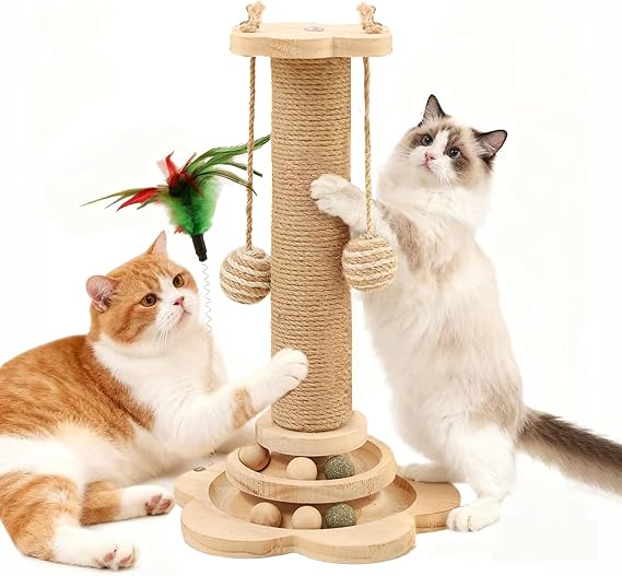 Cat Scratching Post, Scratcher Pole for Indoor Cats Tree Tower | Kitten Scratch Post, with Solid Wooden Base, Natural Sisal, Multifunctional Interactive Track (46cm Tall)