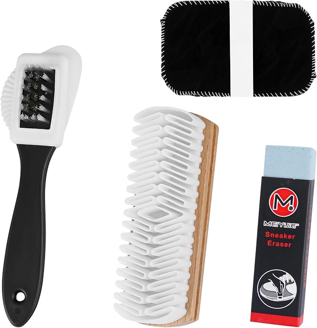 4 Stück Wildlederbürste für Schuhe Set Vielseitig Einsetzbare Raulederbürste Robuste Kreppbürste mit Radiergummi und Schuhputzhandschuhe für Rauleder Nubuk Wildleder und Veloursleder