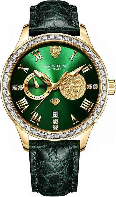 RAINTEN R9011A Mens Automatic Mechanical Watch Diamond Stainless Waterproof | MIYOTA 8215 movement, 42h power reserve, zircon steel strap, graffiti dial, exhibition case back, gift box