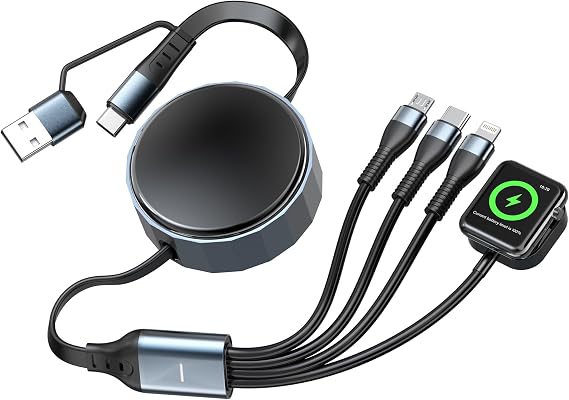 Retractable Travel Multi Charging Cable for Apple Watch Charger, 100W 4 in 2 Retractable Car Charger with Apple Watch, USB-C, Lightning & Micro USB, Multi Charging Cord for iWatch Series/iPhone/iPad