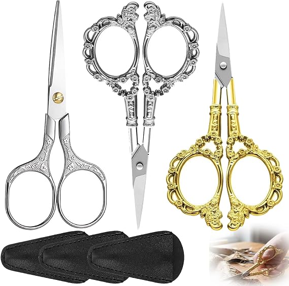 3 Pcs Embroidery Scissors Stainless Steel Small Craft Craftscissors with Fake Leather Cover for Needlework, Thread Cutting, Handicrafts & DIY Projects Vintage Pattern