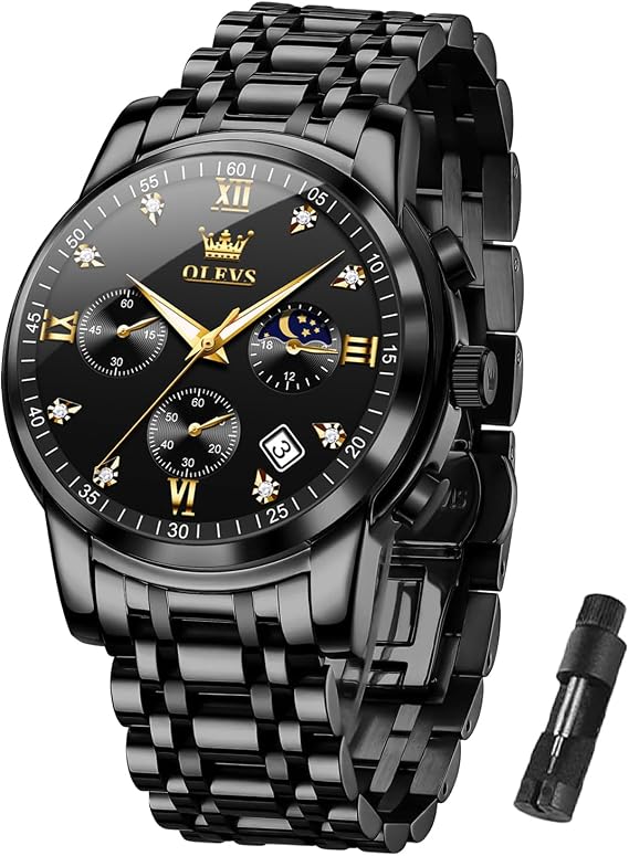 OLEVS Men's Waterproof Quartz Watch, Chronograph Stainless Steel Analog Watch for Men Functional Dial with Date Diamond Luminous Business Men's Watch
