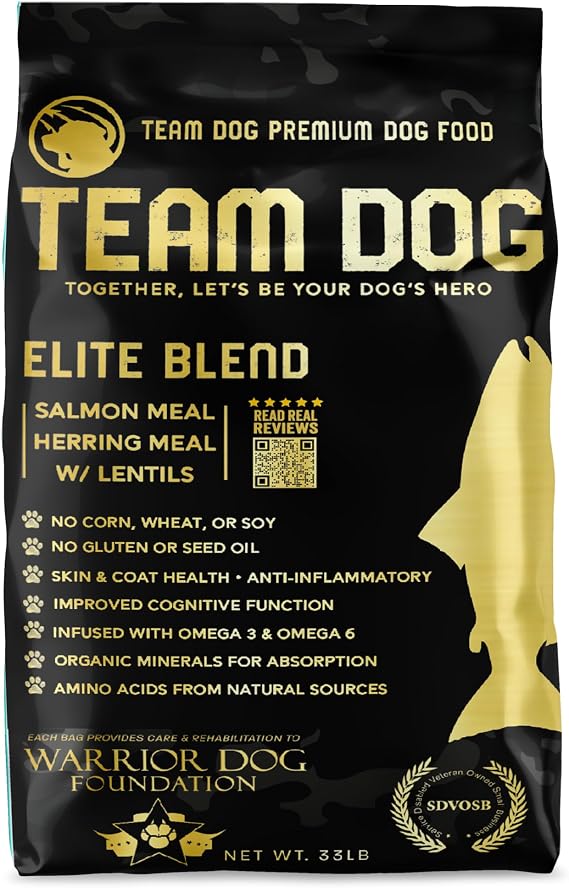 TEAM DOG Elite Blend High Protein, High Calorie Dog Food for Weight Gain | 30% Protein, 25% Fat, 577 Cal/Cup | Chicken Free, Sensitive Skin & Stomach | Salmon & Herring with Lentils | Dry Kibble, 33lb