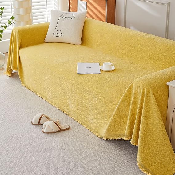 Highdi Sofa Throws Large Reversible Extra Large Throws For Settees Versatile Woven Soft Throw Blanket with Tassels for Settees Couch Sofa Bed Armchair (180x300cm,Yellow)