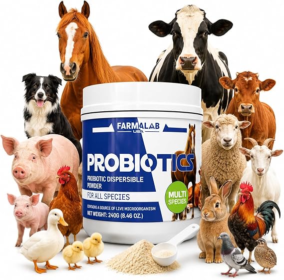 Probiotics Dispersable Powder Pet Probiotic All Species, Probiotics for Pigs, Horses, Sheep, Goat, Dog, Cat, Bird, Rabbit, Chickens(240 gm) Farmalab