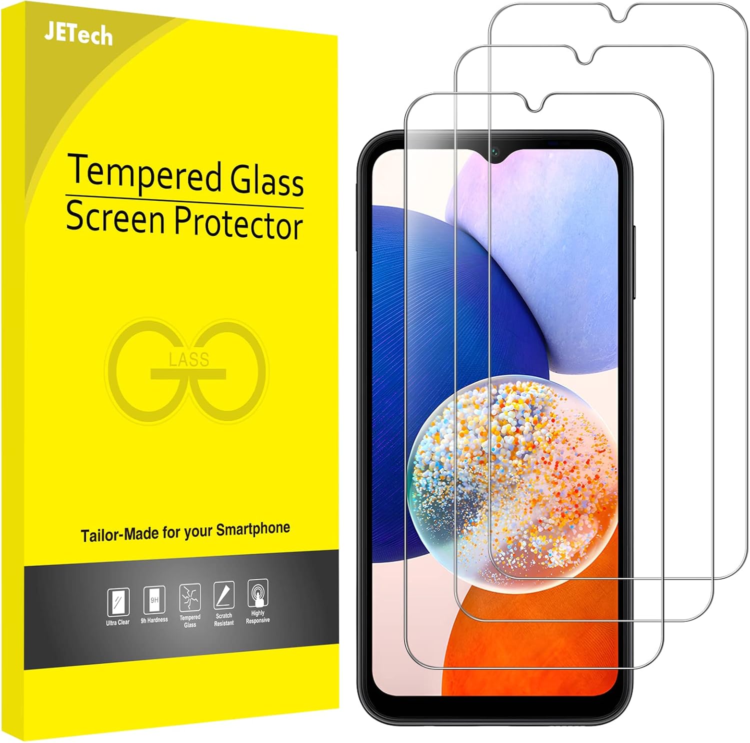 JETech Screen Protector for Samsung Galaxy A14 4G  5G 6.6-Inch, 9H Tempered Glass Film, Anti-Scratch, HD Clear, 3-Pack