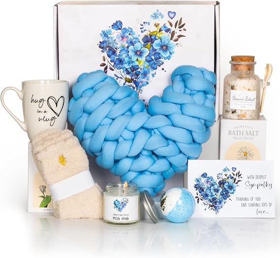 Sympathy Gift Baskets, Condolences Memorial Gifts for Bereavement Grief - Sorry for Your Loss Thinking of You Box, Grieving Care Package for Women Men Friends, in Memory of Loved One(Blue Pillow)