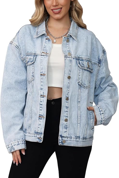 Women's Denim Jacket - Relaxed Fit Jean Jacket with Pockets, Classic Long Sleeve Drop Shoulder Button Front Denim Coat