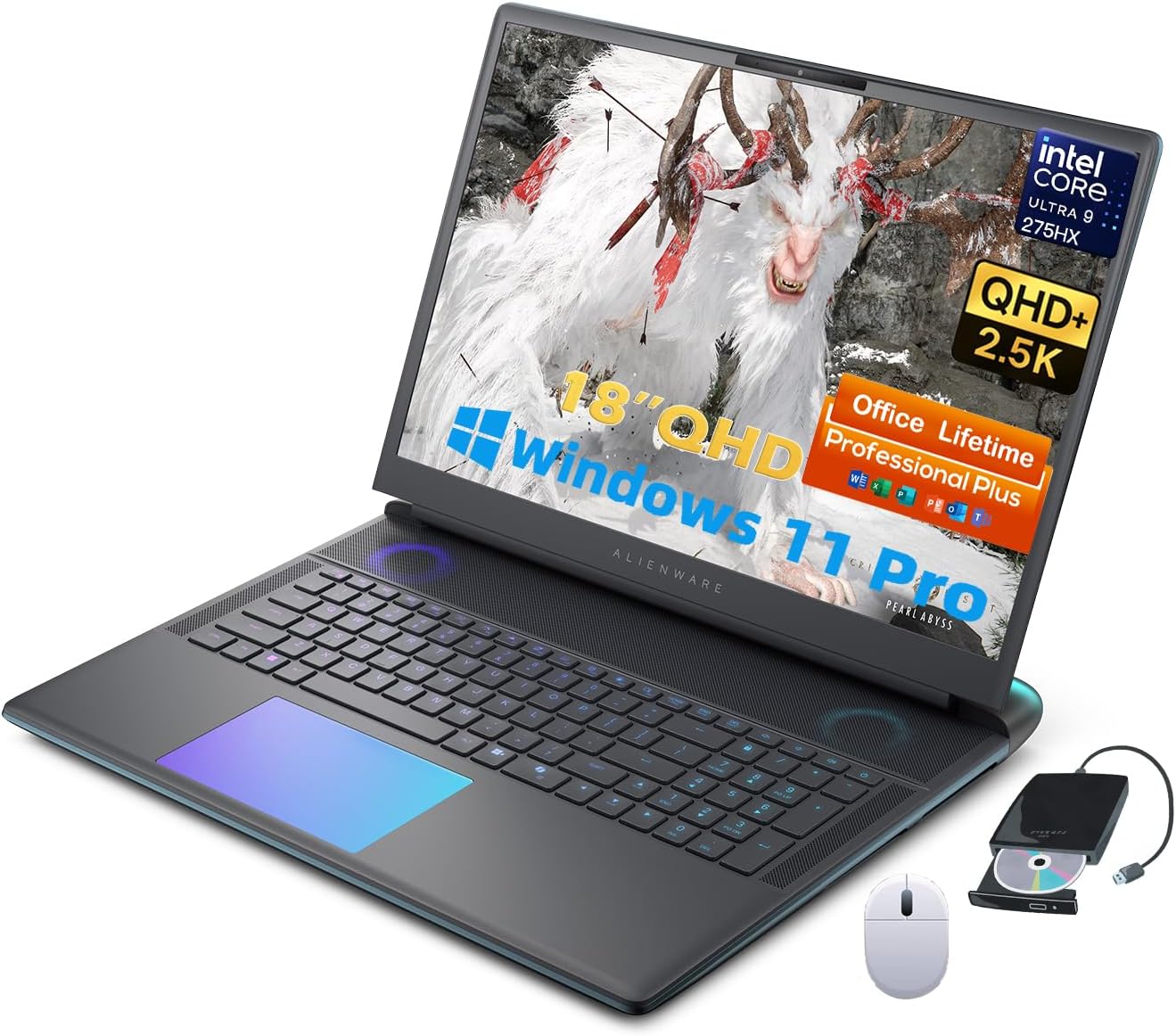Alienware 18 Area-51 Gaming Laptop - Intel Ultra 9 275HX, GeForce RTX 5080 16GB GDDR7, 18 QHD 3000Hz, Wi-Fi 7, Ai NPU, Quad Fan Cooling, AlienFX RGB, Office Lifetime 64GB DDR5, 1TB SSD