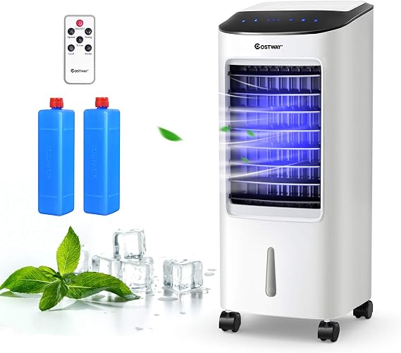 COSTWAY Evaporative Cooler, Portable Cooling Fan with Remote Control, 3-Mode, 3-Speed and 7.5H Timer Function, Include Ice Crystal Boxes, Casters and Water Tank, Bladeless Cooler for Home Office
