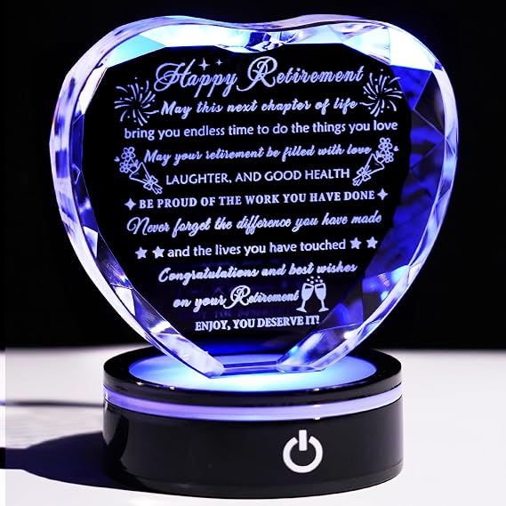 YWHL Retirement Gifts for Women Men Best Happy Retirement Gifts with LED Base Crystal Heart Keepsake Farewell Retired Plaque Gift Idea for Retiree Friends Boss Teacher Coworker Nurse