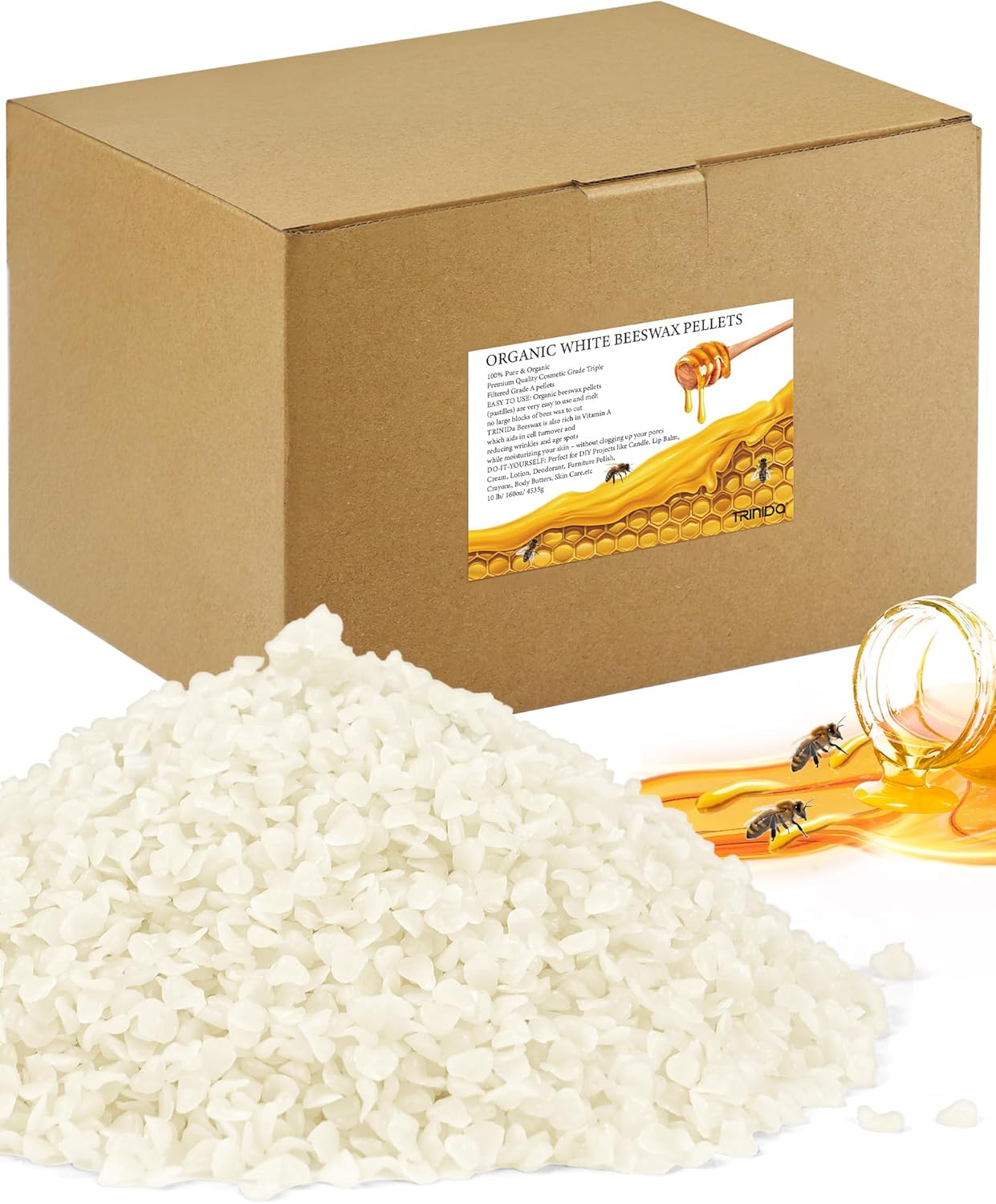 TRINIDa Beeswax Pellets 4.53kg, White Bees Wax for DIY Candles, Beeswax for Candle Making, Skin, Body, Face, and Hair Care, Lotions, DIY Creams, Lip Balm and Soap Making Supplies
