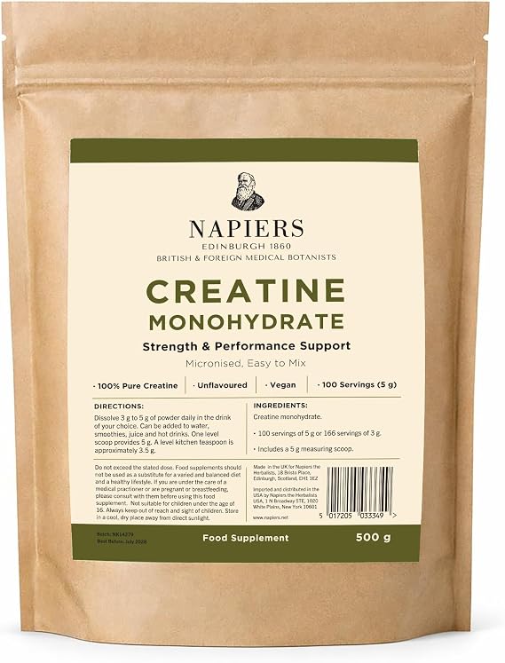 Napiers Creatine Monohydrate Powder - 100% Pure Micronised Creatine - Unflavoured Vegan Strength and Performance Support - 500g (100 Servings)