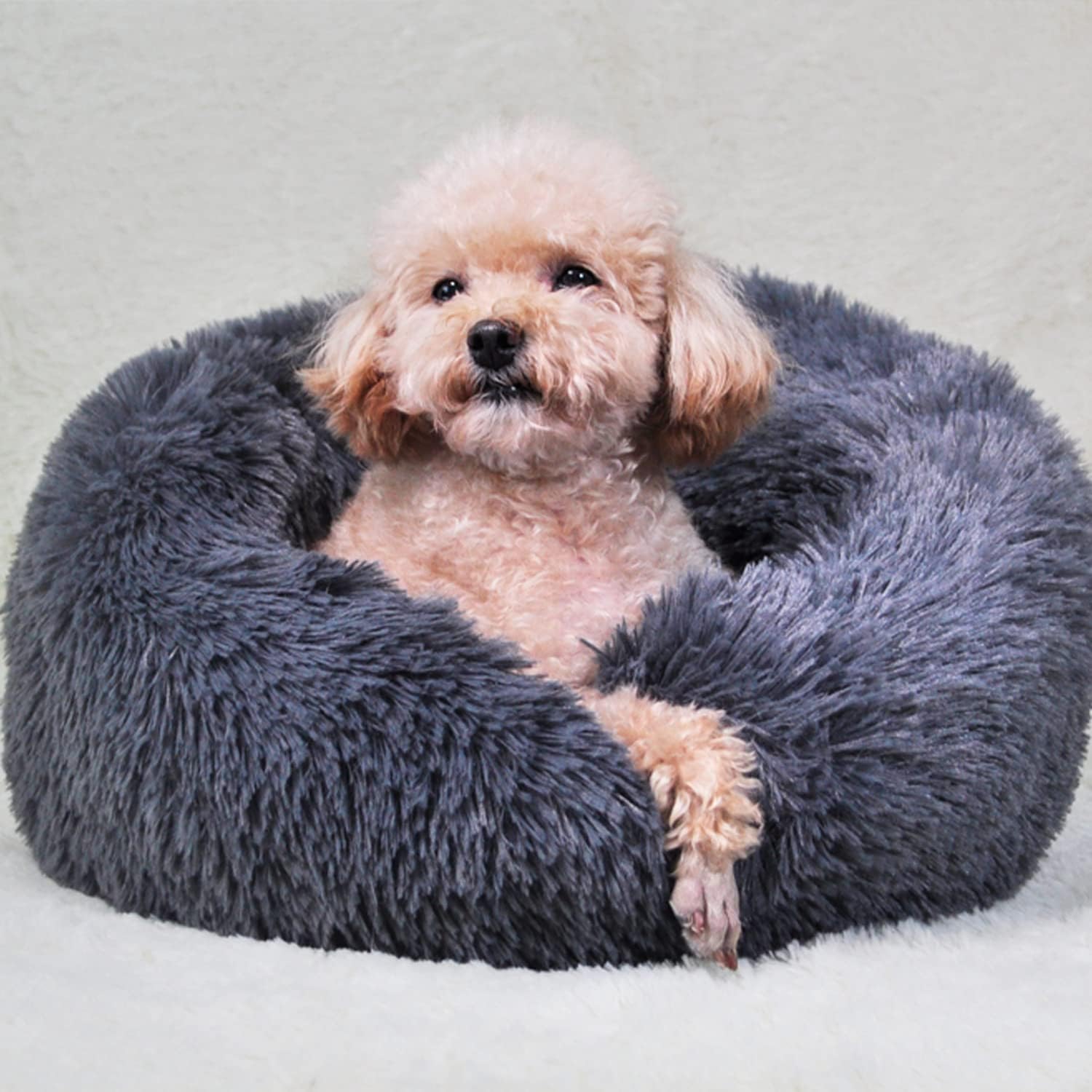50cm Calming Dog Cat Bed, Plush Donut Pets Beds for Small Dogs Cats, Soft Puppy Kitten Cuddler Round Bed Cushion, Washable Warm Dog Beds for Improved Sleeping Dark Grey