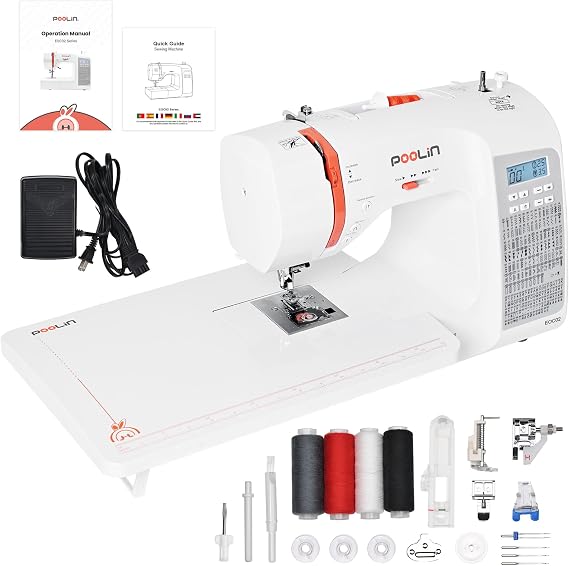 PooLin EOC02 Computerized Sewing Machine,Easy Home Sewing Machine with 200 Stitches,7 Feet,LCD Screen,Wide Table,Friendly Sewing Machines for Beginners,Gifts for Mother Wife,Automatic Needle Threader