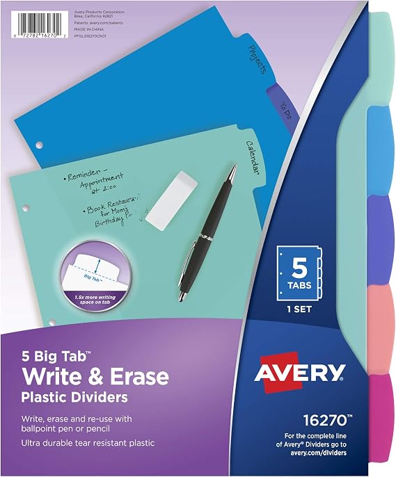 Avery Big Tab Write & Erase Dividers, 5-Tab, Pastel, 1 Set