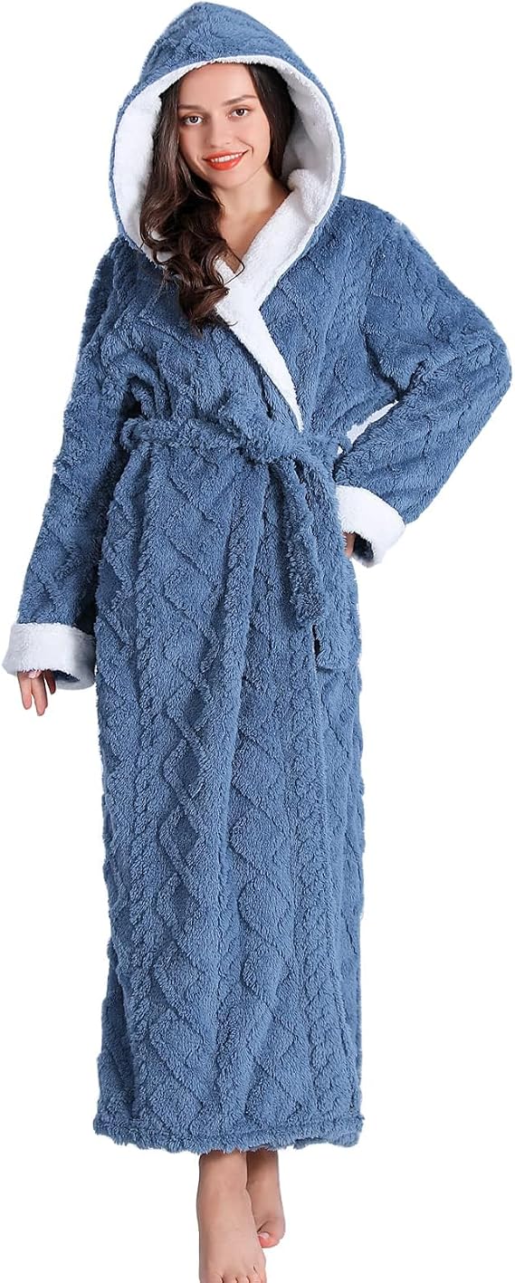 Hooded Robes for Women Long,Sherpa Trim Fleece Bathrobes With Hood Long Plush Soft Warm Winter Robes for Women