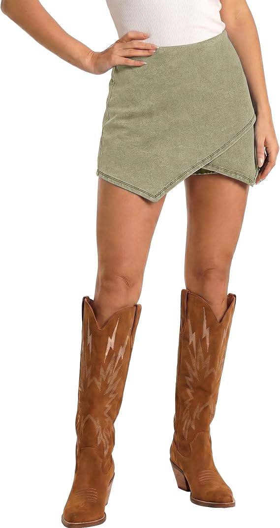 luvamia Jean Skorts for Woman High Waisted Pull On Stretchy Denim Wrap Skirt with Shorts Trendy Asymmetrical Skort