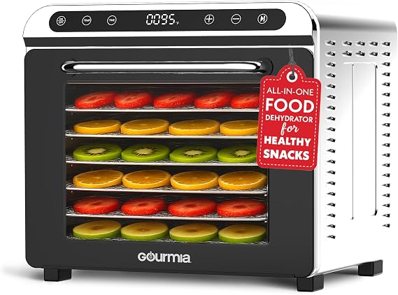 Gourmia 8 Tray Digital Food Dehydrator - 360 Airflow, 30 Minute24 Hour Timer, Glass Door, Jerky, Fruits, Veggies & More, 95F185F, 625W, Stainless Steel