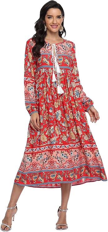 VintageClothing Women's Long Sleeve Bohemian Midi Dresses Summer Floral Retro V Neck Tassel Casual Dress