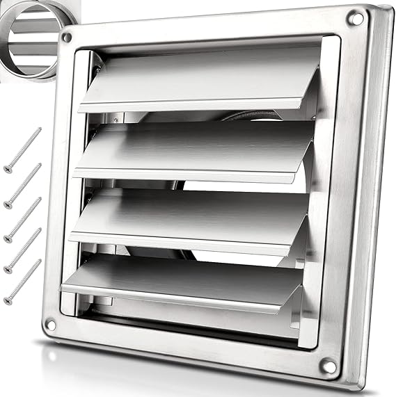 4" Metal Dryer Vent Cover for Exterior Wall, Stainless Steel | Weather & UV-Resistant with 4 Screws Rubber Gasket, Exterior Wall Vent Cover with Louvre for Dryer, AC Vents Range, Hood Vent