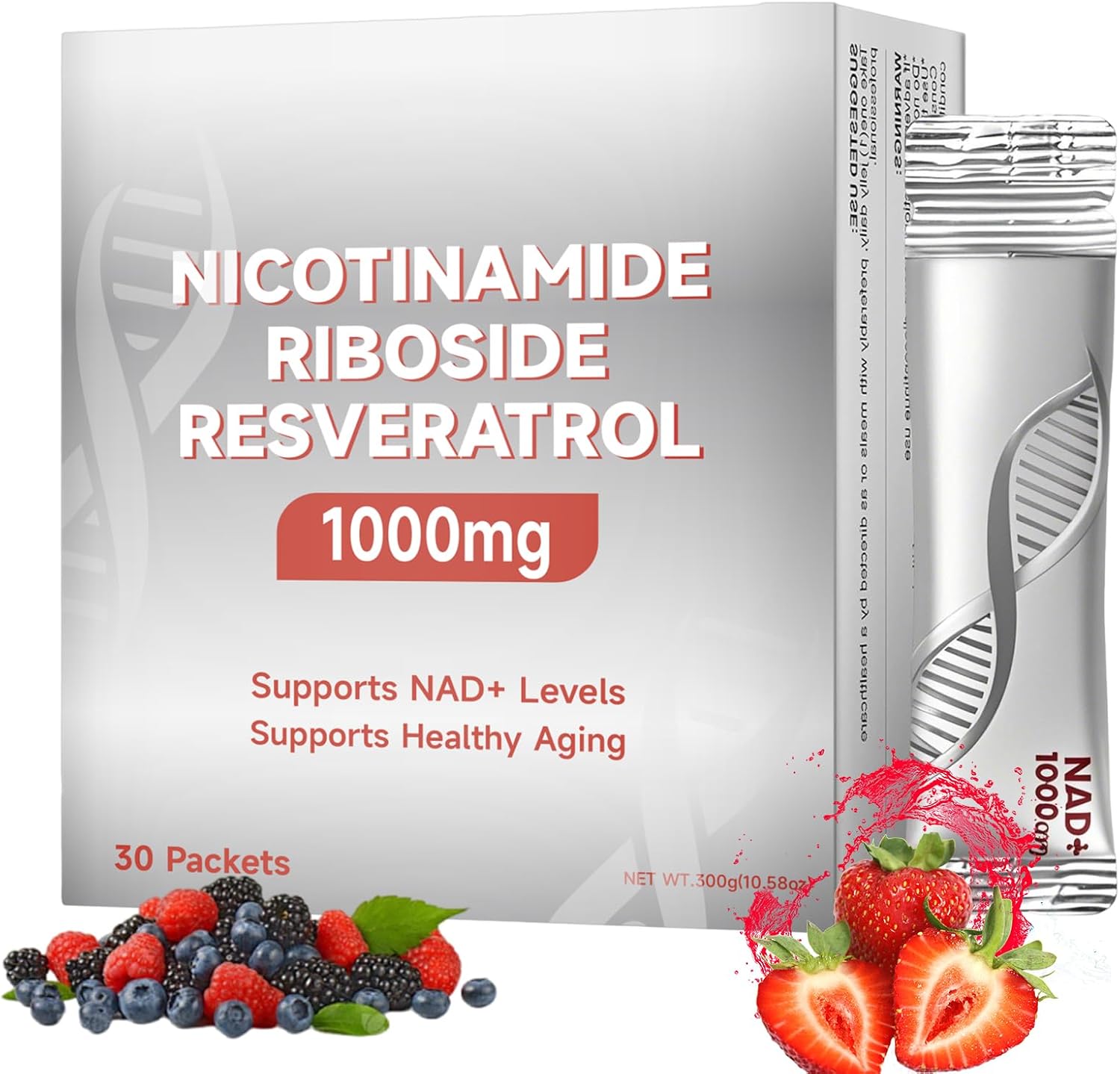 NAD Liquid Supplement - 1000mg, NAD Resveratrol Supplement, Nicotinamide Riboside and Resveratrol with PQQ, Berry Flavor Sticks for Energy, Focus - 30 Sticks - 10.5 fl. oz