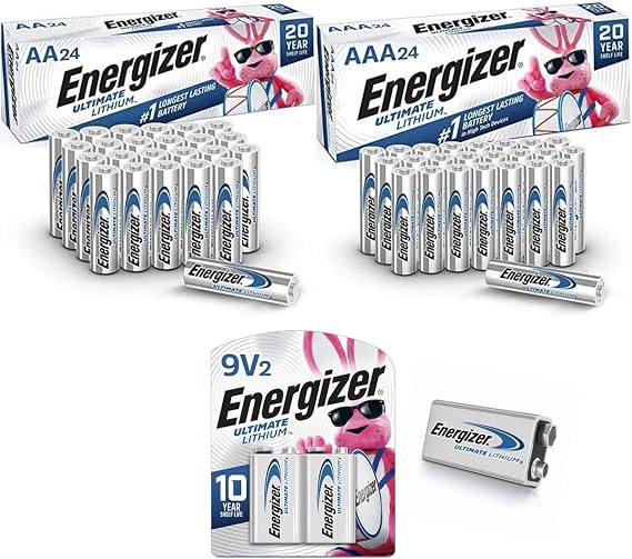 Energizer Ultimate Lithium AA and AAA Batteries, Long Lasting Double A Batteries, Triple A Batteries, and Ultimate Lithium 9V Batteries Variety Pack, 24 AA, 24 AAA and 2 9V Batteries, 50 Count