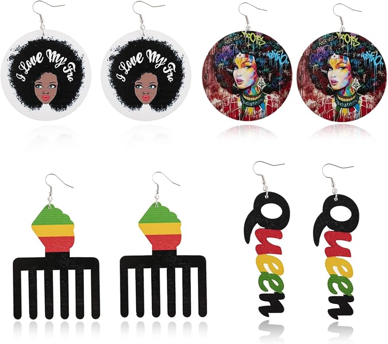 YANCHUN 4 Pairs African Earrings for Black Women Black History Earrings Red Yellow Green Juneteenth Dangle Earrings Juneteenth Shirts Outfits Jewelry Gifts, D:women 4pairs