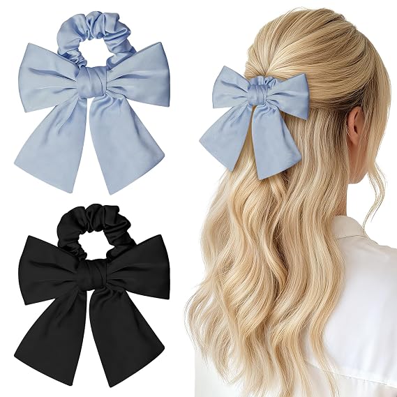 2-Piece Satin Hair Scrunchies with Bow for Women, Black & Blue