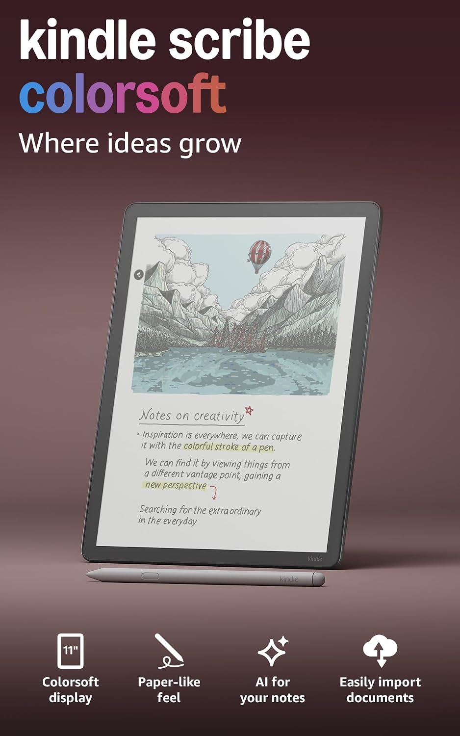 Amazon Kindle Scribe Colorsoft 64 GB (newest gen) — 11" paper-like colour display with front light — Thin, light, powerful — Write in the built-in notebook, documents and books - Graphite