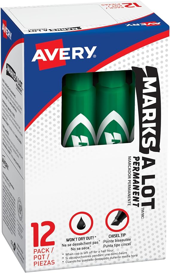 Marks-A-Lot Avery Permanent Markers, Chisel Tip, 12 Green Markers