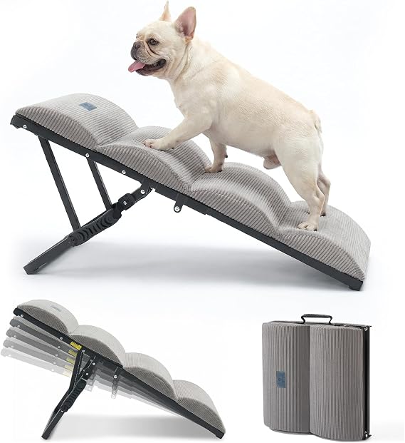 Veehoo Dog Ramp for Bed Couch Small Large Dogs, Foldable Pet Ramp 12"-20" H | 5 Adjustable Height Portable Dog Ramps for Beds Bedside Folding Doggy Stairs Metal Frame for Senior Dogs, Up to 130lbs