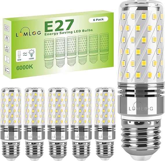 E27 LED Bulbs Cool White 10W 6000K, E27 Edison Screw Light Bulbs, 100W Incandescent Equivalent, 1700LM Non-Dimmable Corn Light for Home Lighting, 220-240V, Pack of 6[Energy Class C] [Energy Class C]