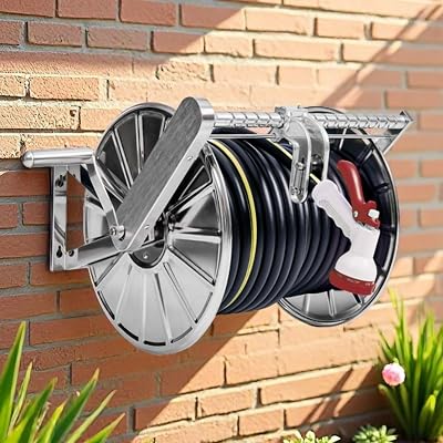 Stainless Steel Hose Reel Wall-Mount Garden Hose Reel with Sliding Guide, 5ft Leader Hose, Heavy-Duty Hose Reel, Holds 150ft of 58 Hose