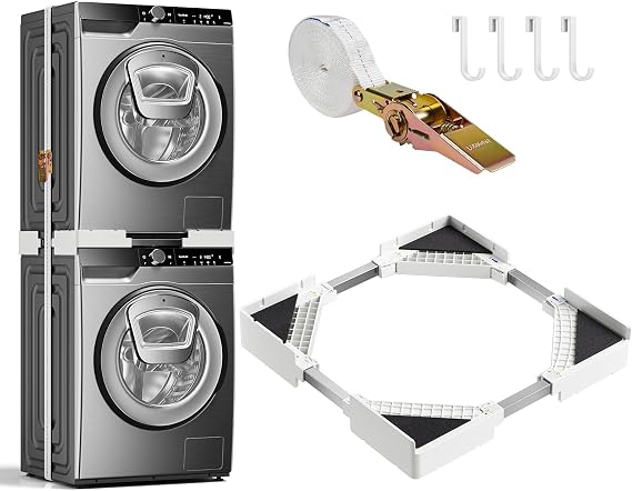 Universal Connection Frame Set for Washing Machine and Dryer 46-66 cm Adjustable Connection Frame Kit Stacking Kit with Ratchet Rope Intermediate Installation Kit for Space-saving Laundry Rooms
