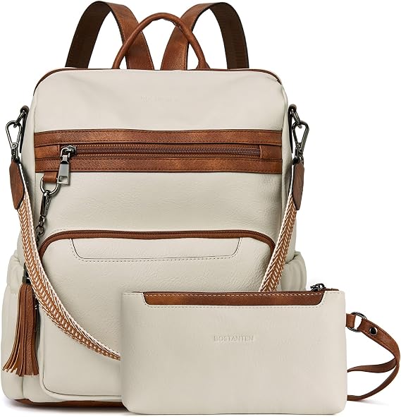 BOSTANTEN 2 Pieces Leather Backpack Women's Fashion Backpacks Travel Handbag Backpack Leisure Casual Daypacks with Wrist Bag