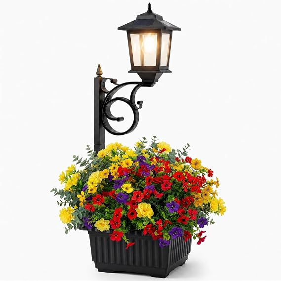 PASAMIC 2 in 1 Outdoor Flower Pots for Real or Fake Flowers, Solar Lamp Post Lights - Wall Mount or Freestanding, Waterproof Decorative Lamp for Lawn, Patio, Front/Back Door, Warm White