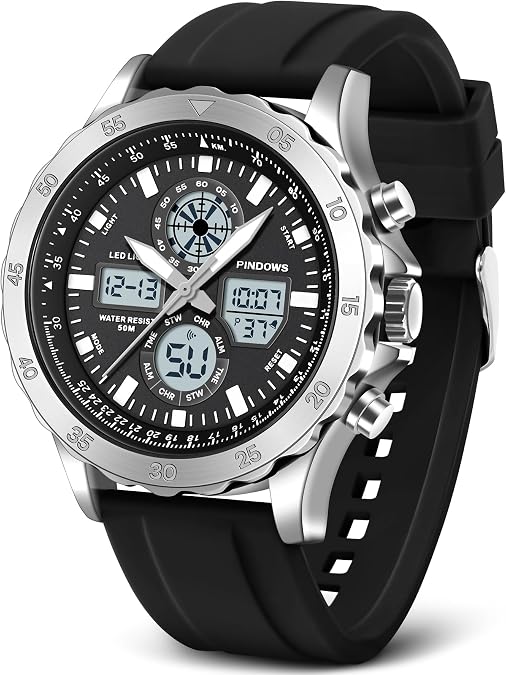 PINIDOUS Watch for Men Watches Sport Military Waterproof Watches Analog Digital Watches Stainless Steel Watches with Alarm Stopwatch LED Light Hourly Chime Multi-Function Wristwatch