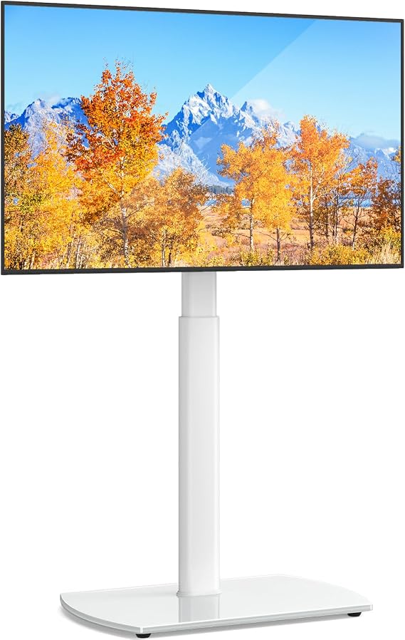 YOMT Universal TV Floor Stand with Mount for 27-70 Inch LCD LED OLED TVs, Swivel Height Adjustable Tall TV Stand, Space Saving Design for Corner Bedroom Living Room, White