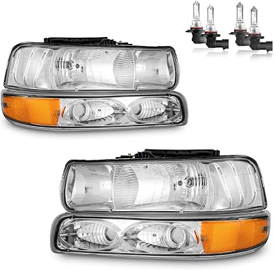 Headlights Assembly WBulbs for 1999-2002 Chevy Silverado 1500 2500, for 2001-2002 Silverado 1500HD 2500HD 3500HD, for 2000-2006 Tahoe Suburban with Bumper Parking Turn Signal Marker Lights