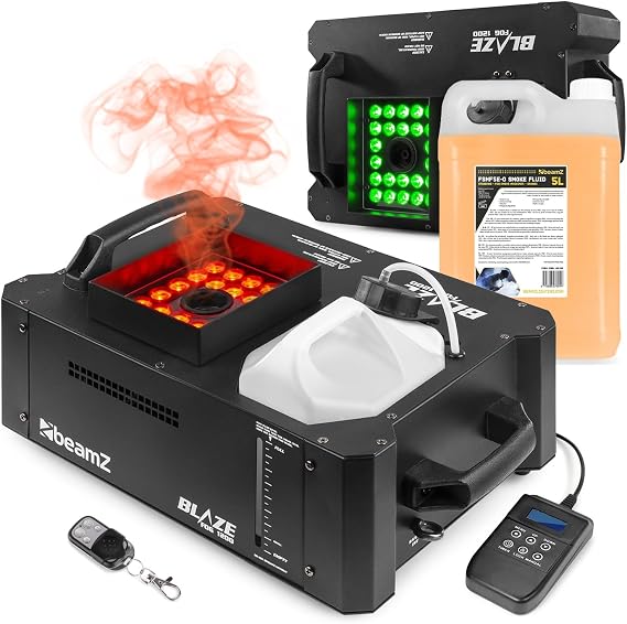 beamz BLAZE1200 Vertical Smoke Machine Kit with 2x 1200W LED Foggers, DMX Control, Wireless Remote & 5L Coloured Smoke Fluid - Stage DJ Effects Lighting