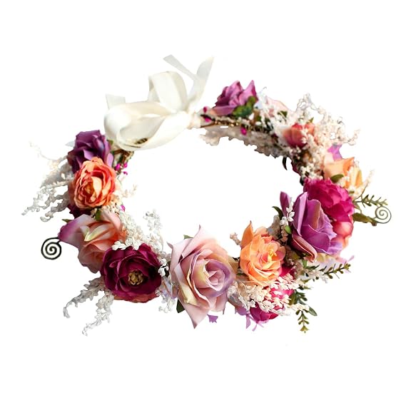 Rose Flower Crown Boho Headband Floral Halo Headpiece Rosy | Hair Wreath with Ribbon for Halloween Wedding Renaissance Party Cosplay Costume Bridal Shower Prom Photo Props