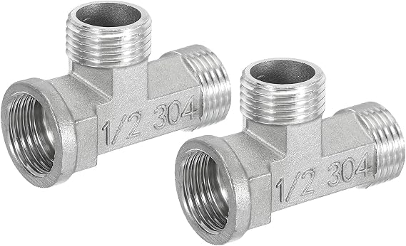 sourcing map 2pcs Tee Pipe Fitting G1/2" Female x G1/2" Male x G1/2" Male Stainless Steel 304 Tee Pipe 2.1" Length Cast Pipe Fittings Swivel Garden Hose Adapter for Water Oil Gas, Silver