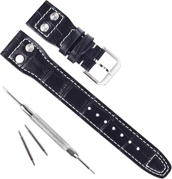 22mm Genuine Leather Watch Strap Band fit for IWC PILOT'S Watchs (Pin Buckle/Black)