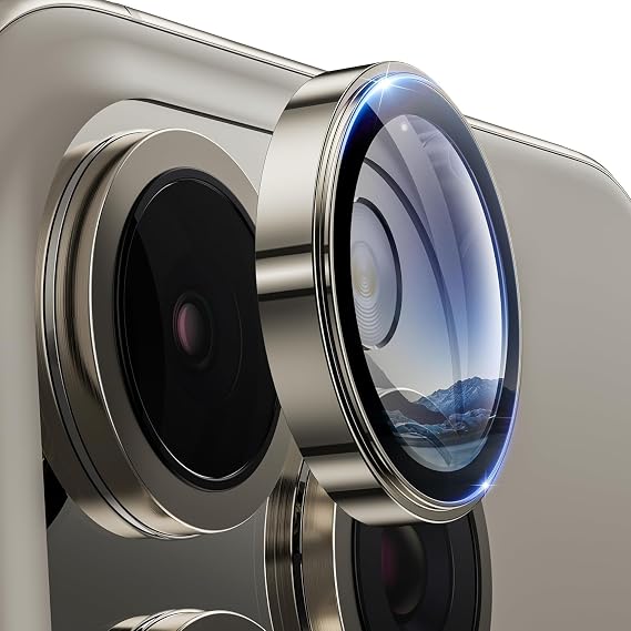 Minesk iPhone 15 Pro - 15 Pro Max / 14Pro - 14ProMax Modellerinin Tümüne Uyumlu Alüminyum Alaşım Çerçeveli ve 9H Sertliğinde Temperli Camlı Lens Koruyucu (Safir Natural Titanyum)