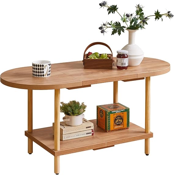 Aibiju Small Coffee Table, Oval Center Table with Storage Shelf, 35x16x17inch Industrial Side Tea Table for Living Room Home Furniture, Modern Style, Oak YD-011K