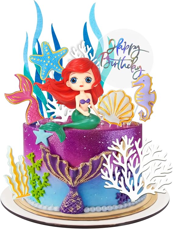 12 PCS Cute Big Eyes Mermaid Doll Cake Topper, Resin 2D Starfish Seaweed Seahorse Shell Felt Seaweed Acrylic Coral for Birthday Party, Baby Shower, Wedding