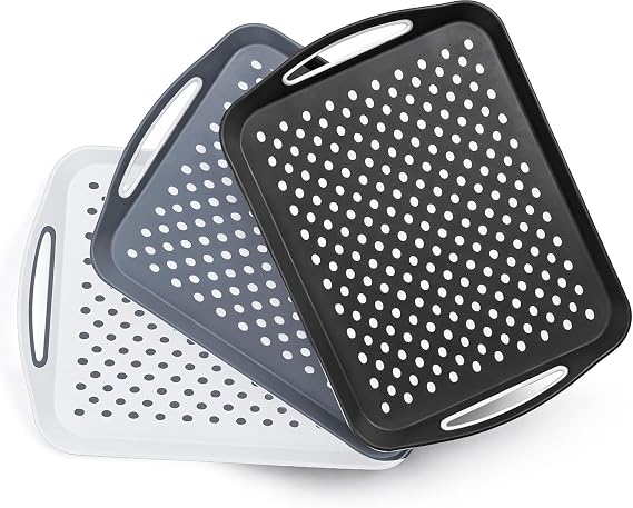 3-Pack Non-Slip Serving Tray Set with Grip Handles - Stable Lap Trays for Breakfast in Bed, Tea & Coffee - Plastic Food & Drink Servers (Black, Grey, Or White (Randomly Selected), 3-Pack)