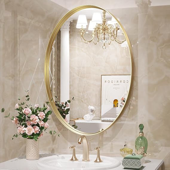 Brightify Gold Oval Mirror for Bathroom 28x40 Inch, Oval Vanity Mirror Gold Metal Frame, Modern Wall Mirror for Bedroom Living Room Farmhouse Fireplace Entryway, Hangs Horizontal or Vertical