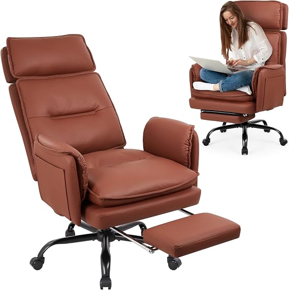 IWMH Office Chair 500lb Big and Tall Criss Cross Desk Chair Wide Seat Reclining Managerial Computer Chairs Heavy People Ergonomic High Back Faux Leather Chairs Lumbar Support Adjustable Headrest Brown